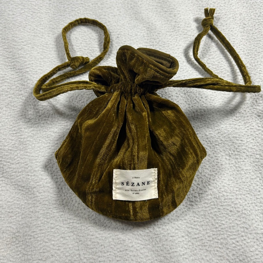Sezane Velvet Ribbed Drawstring Pouch OS Olive Green Bucket Bag Renaissance